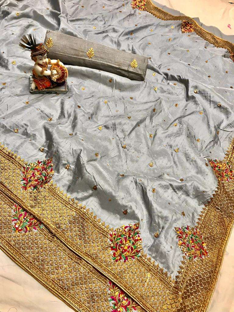Mushroom Designer Pure Silk with Kashmiri Embroidery Work Sa...