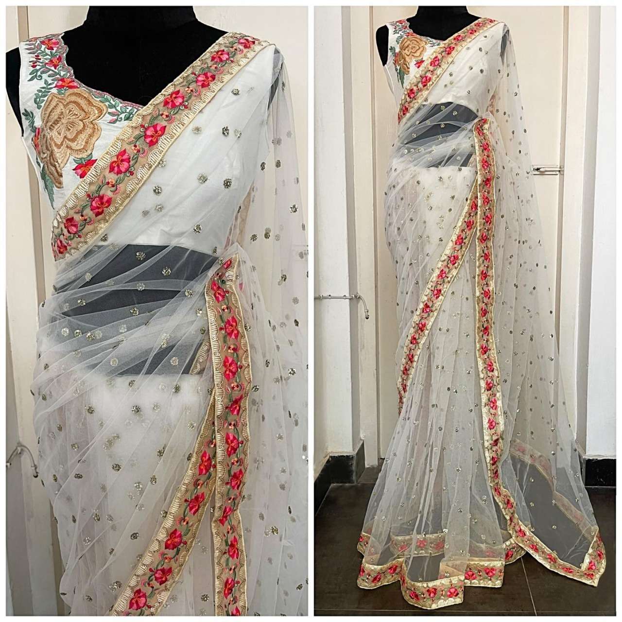 NYLONE BUTTERFLY NET WITH FANCY THREAD WORK SAREE COLLECTION...
