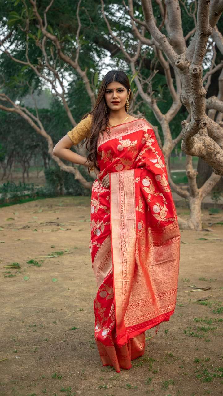 Pooja silk with soft weaving design wedding wear red saree c...