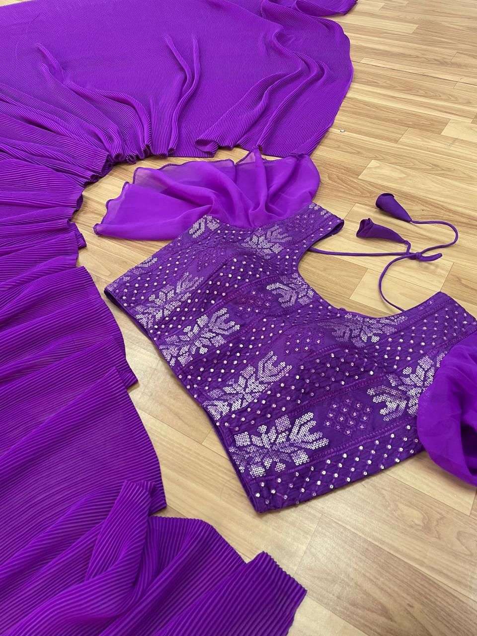 Purple Georgette with designer sequnce work blouse saree col...