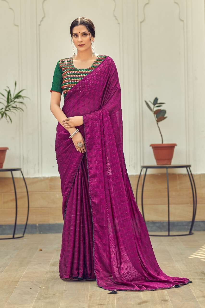 Chiffon With Mirror Work Blouse Saree Collection