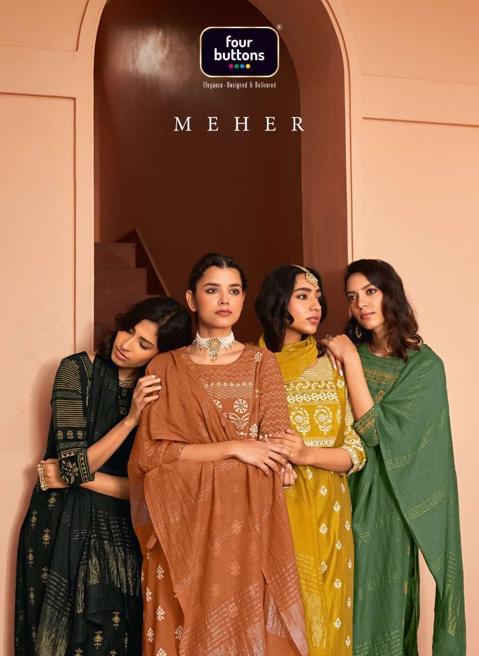 Four Buttons Meher Khadi Placement Prints With Handwork On P...
