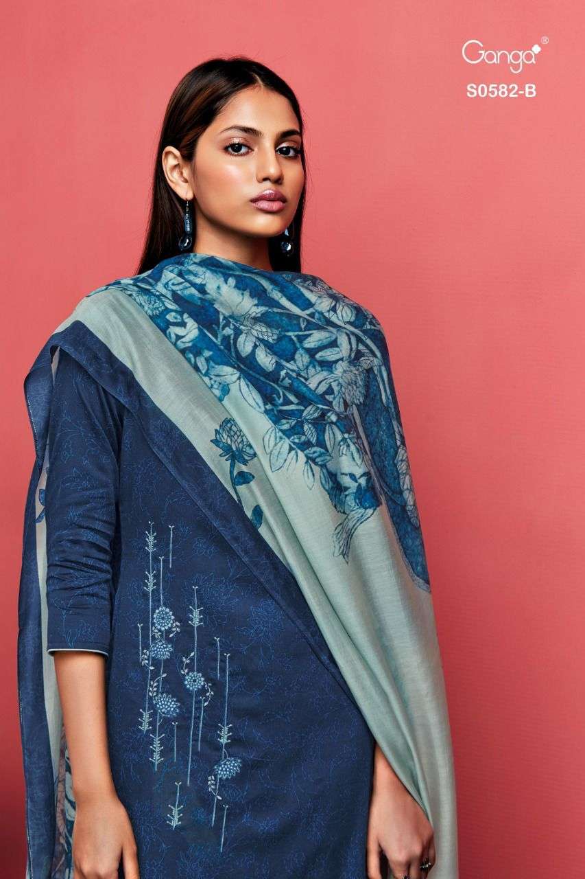 Ganga Mahonia 582 Printed Cotton Satin with Embroidery Work ...