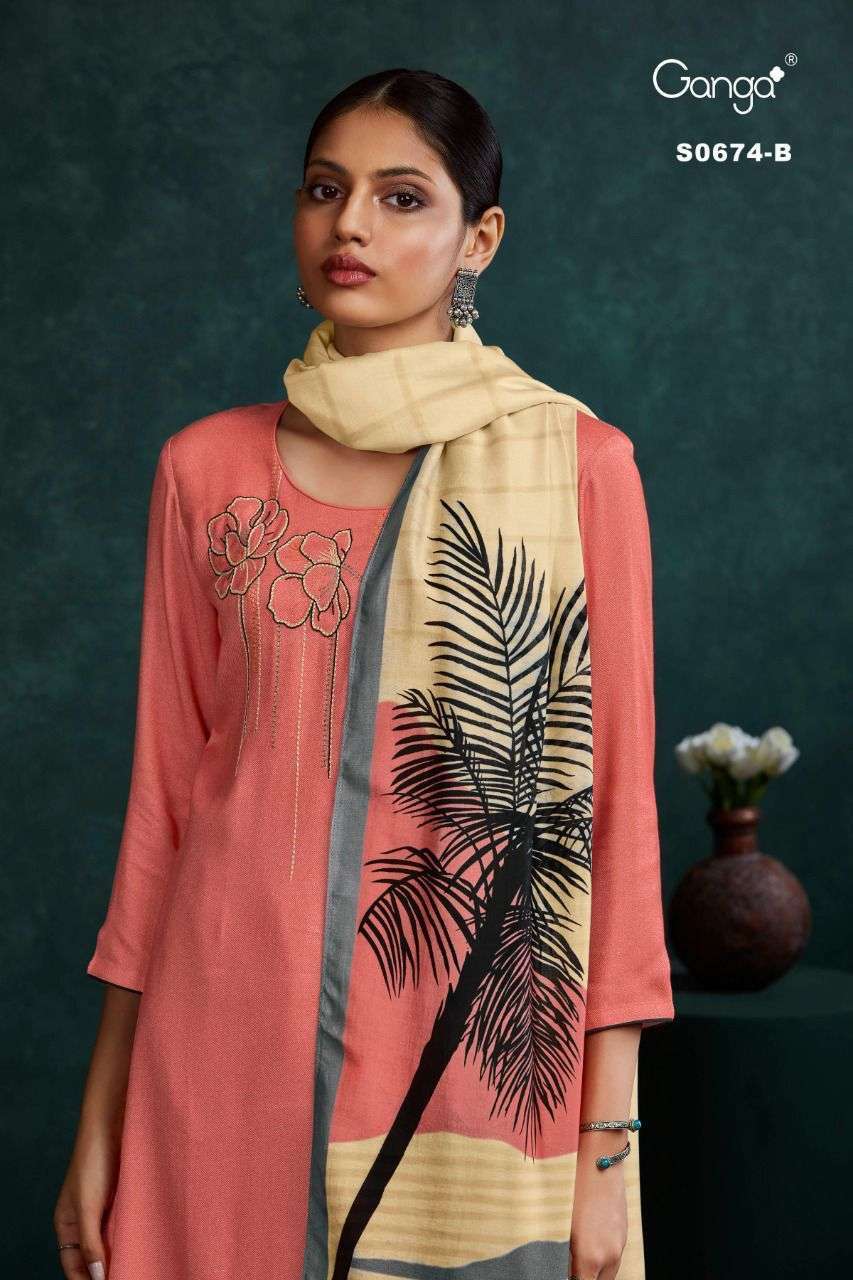 Ganga Mahonia 674 Premium Cotton Satin Printed With Embroide...