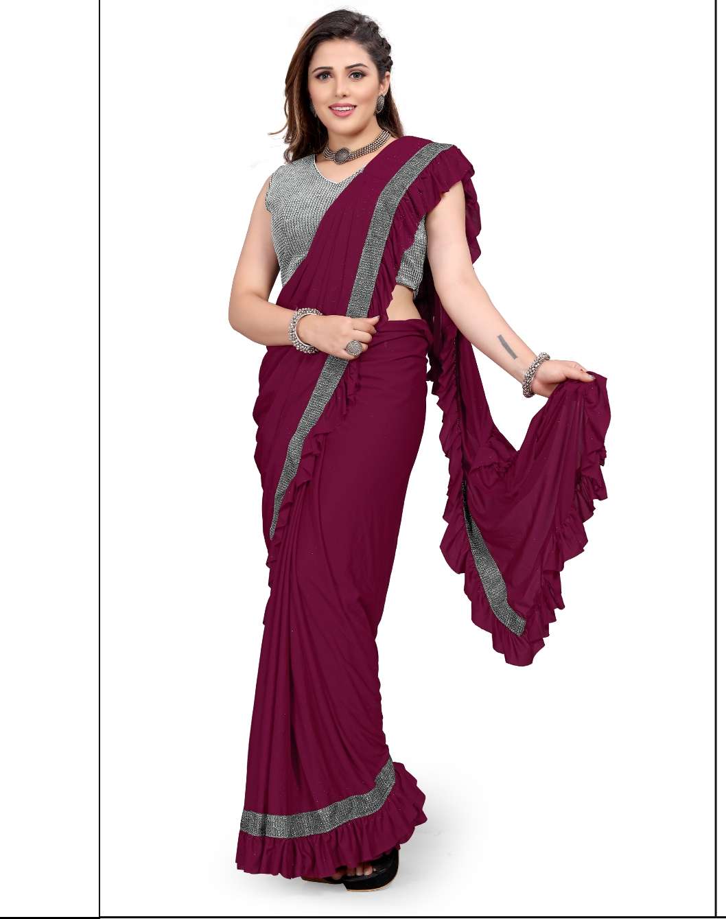 PRE STITCHED PARTY WEAR SAREES WITH STITCHED FANCY BLOUSE AT...