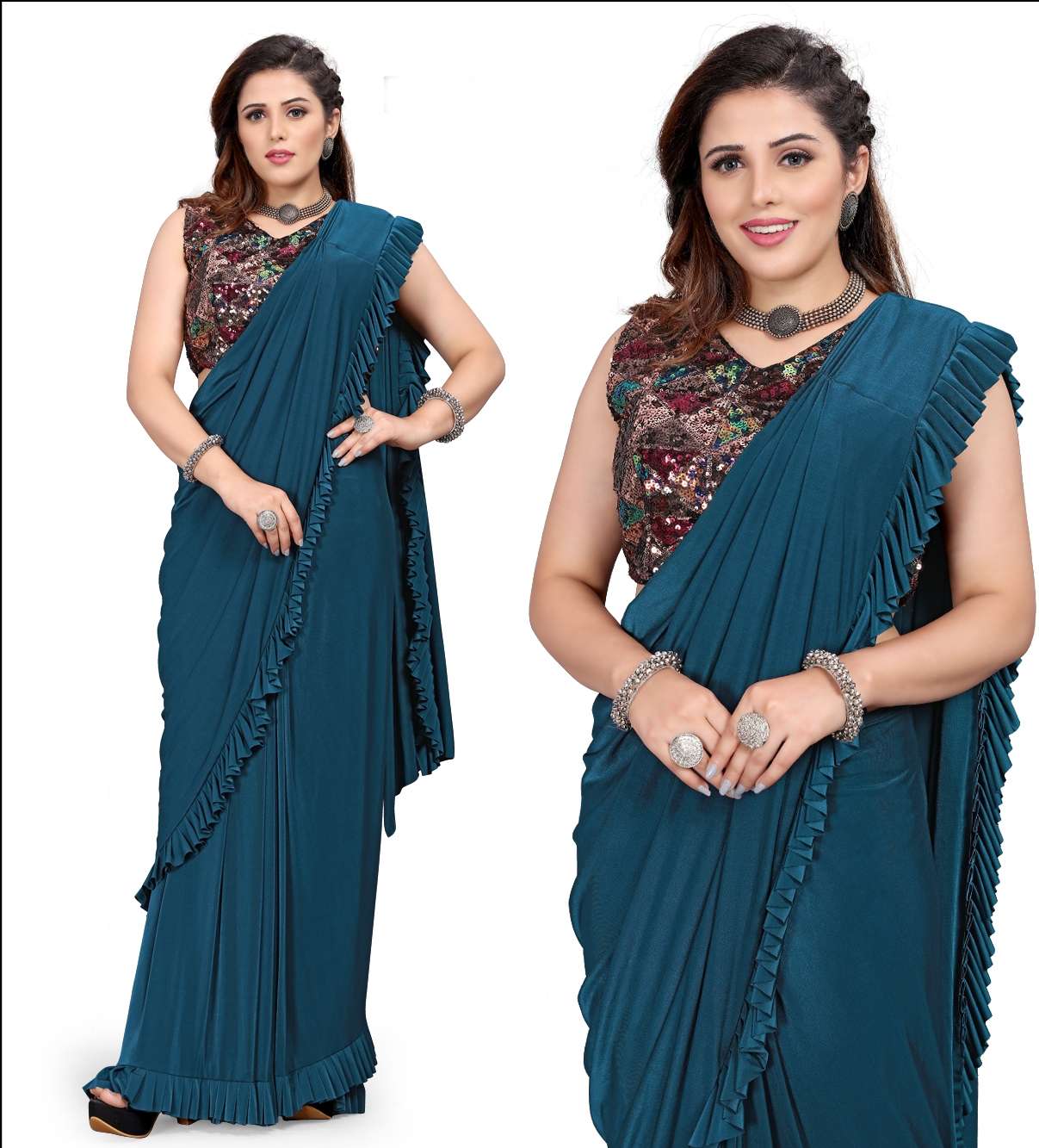 PRE STITCHED SAREES WITH FANCY STITCHED BLOUSE PARTY WEAR SA...