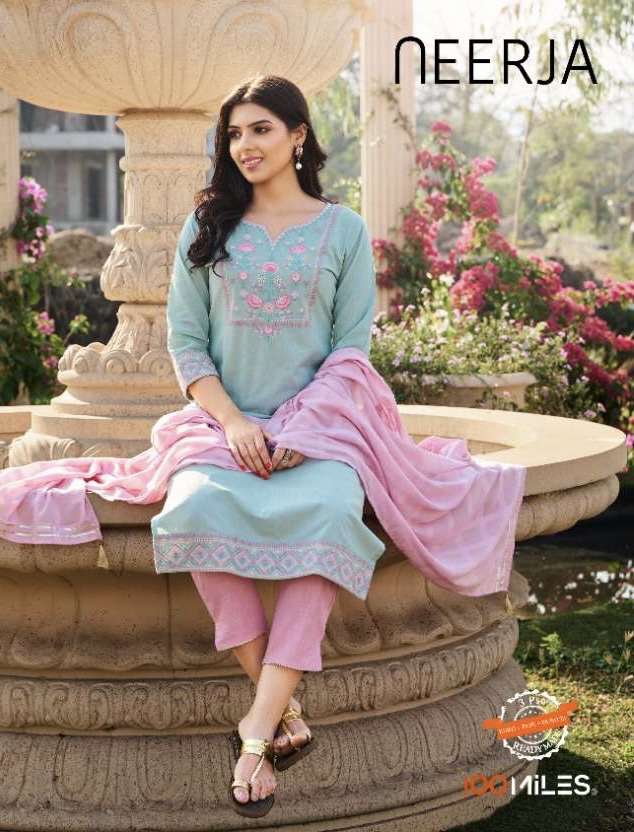 100 miles neerja Cotton with embroidery work readymade suits...