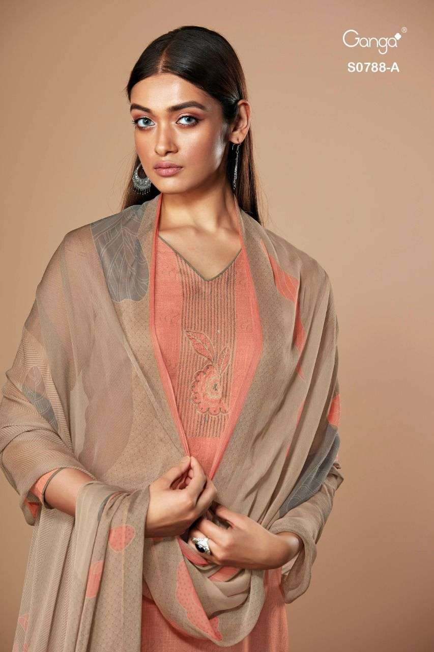 Ganga Inna 788 Linen Cotton With Printed Embroidery Work Sal...