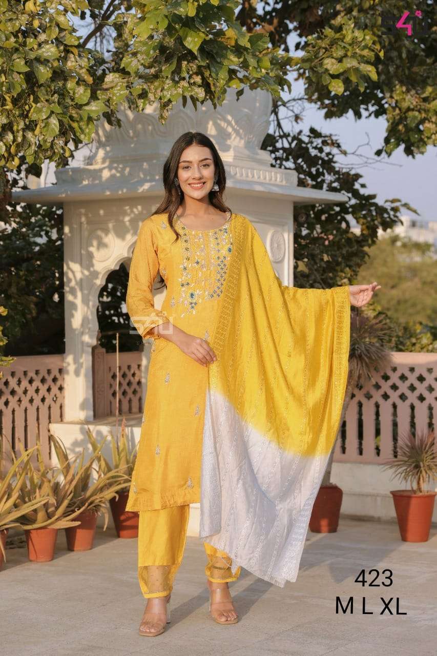 S4U 423 Fancy Yellow Colour Designer Readymade Suit Collecti...