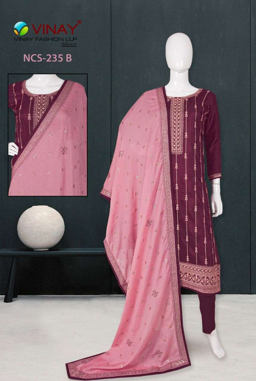 Vinay NCS 235 Dola silk with embroidery work dress material ...