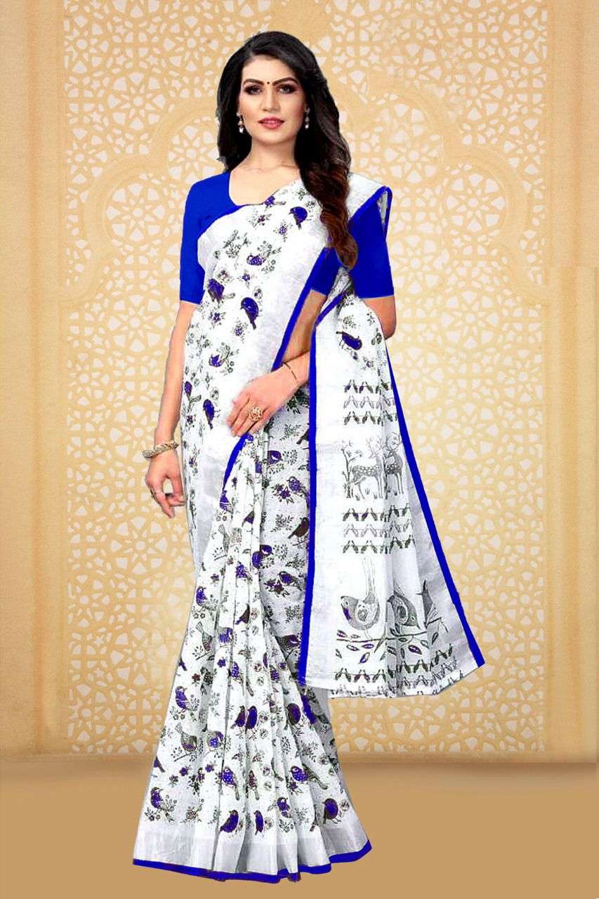White With Parrot Print Saree Collection