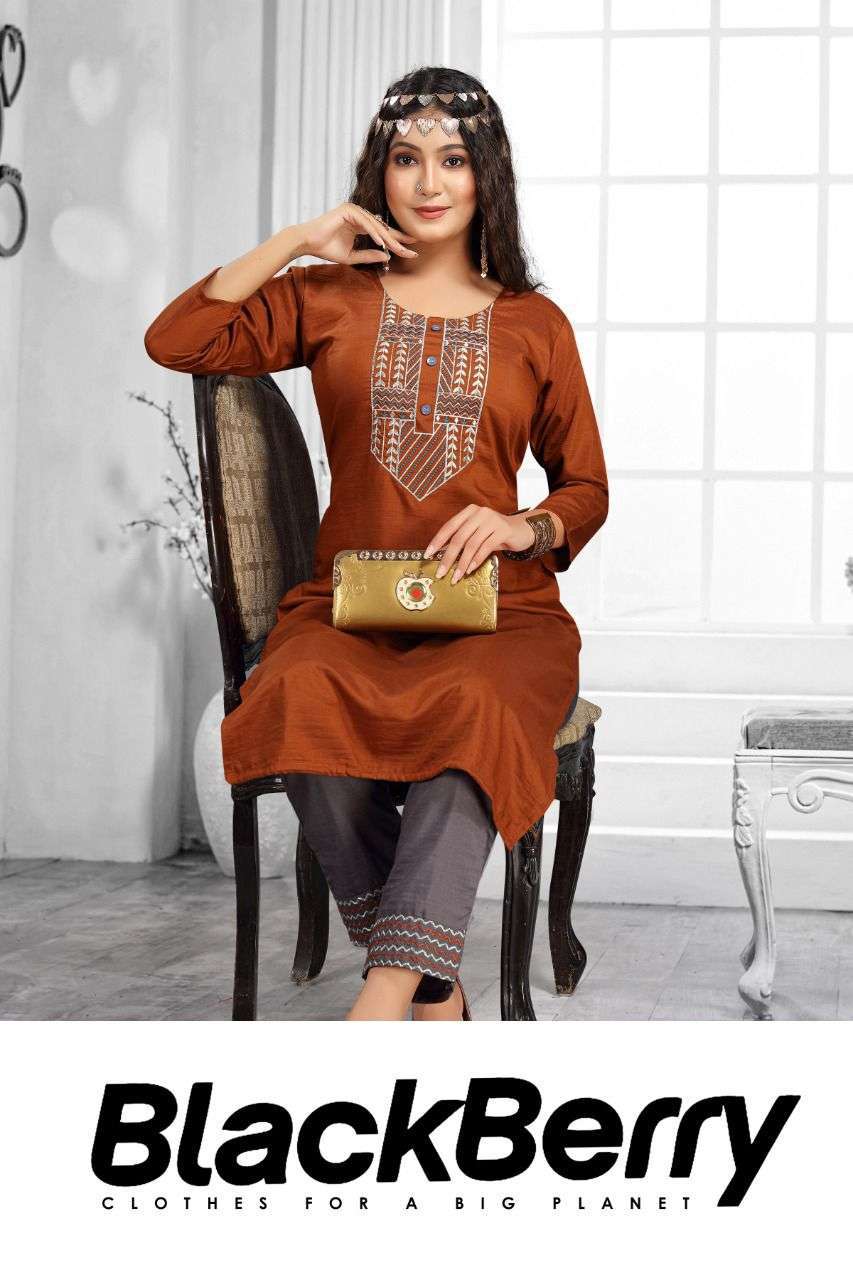 Beauty Queen Black Berry Chinnon Silk Kurti With Pant Collec...