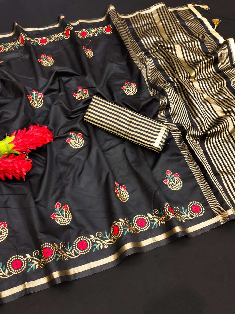 Black Gold Cotton Silk With Embroidery Work  Saree Collectio...