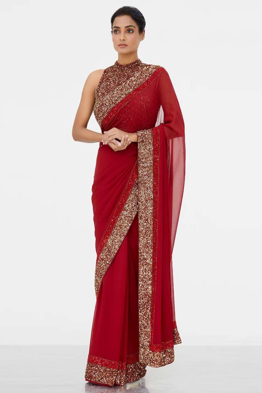 BT 280 Red Colour Georgette with fancy Embroidery Work Saree