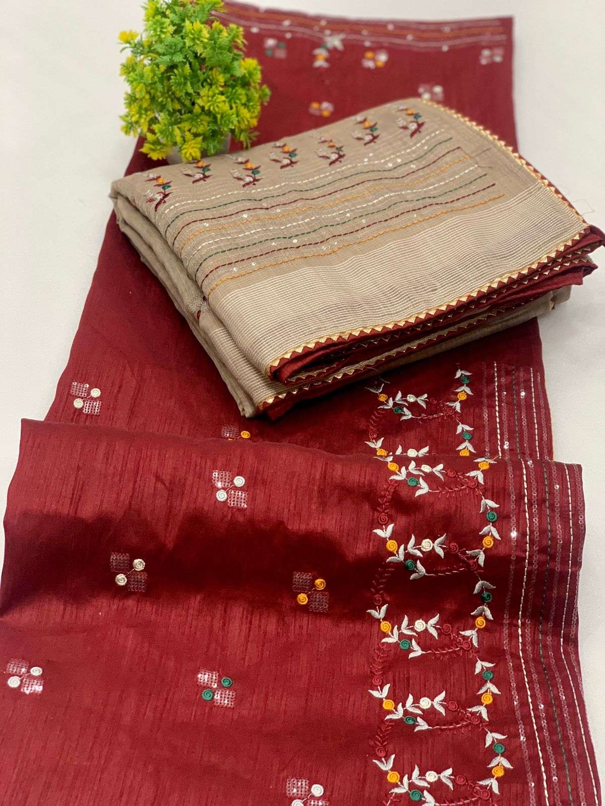 Cotton Silk With White Lining Border Patta , Embroidery Work...
