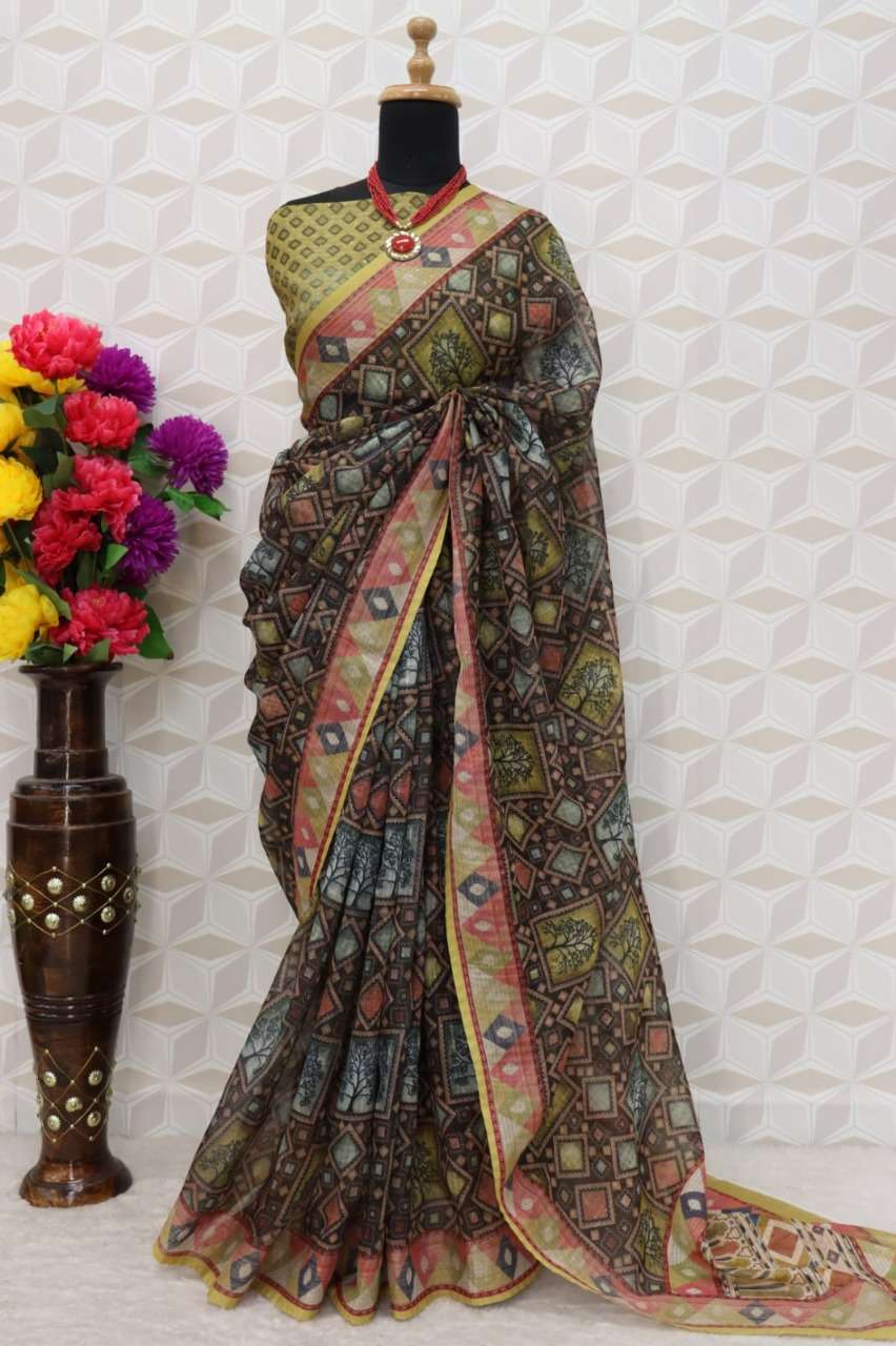 Balck Colour Cotton Linen With Fancy Digital Print Saree col...