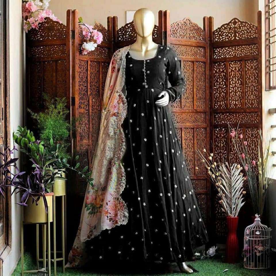 Black Colour Georgette With Embroidery Work Gown Dupatta Col...