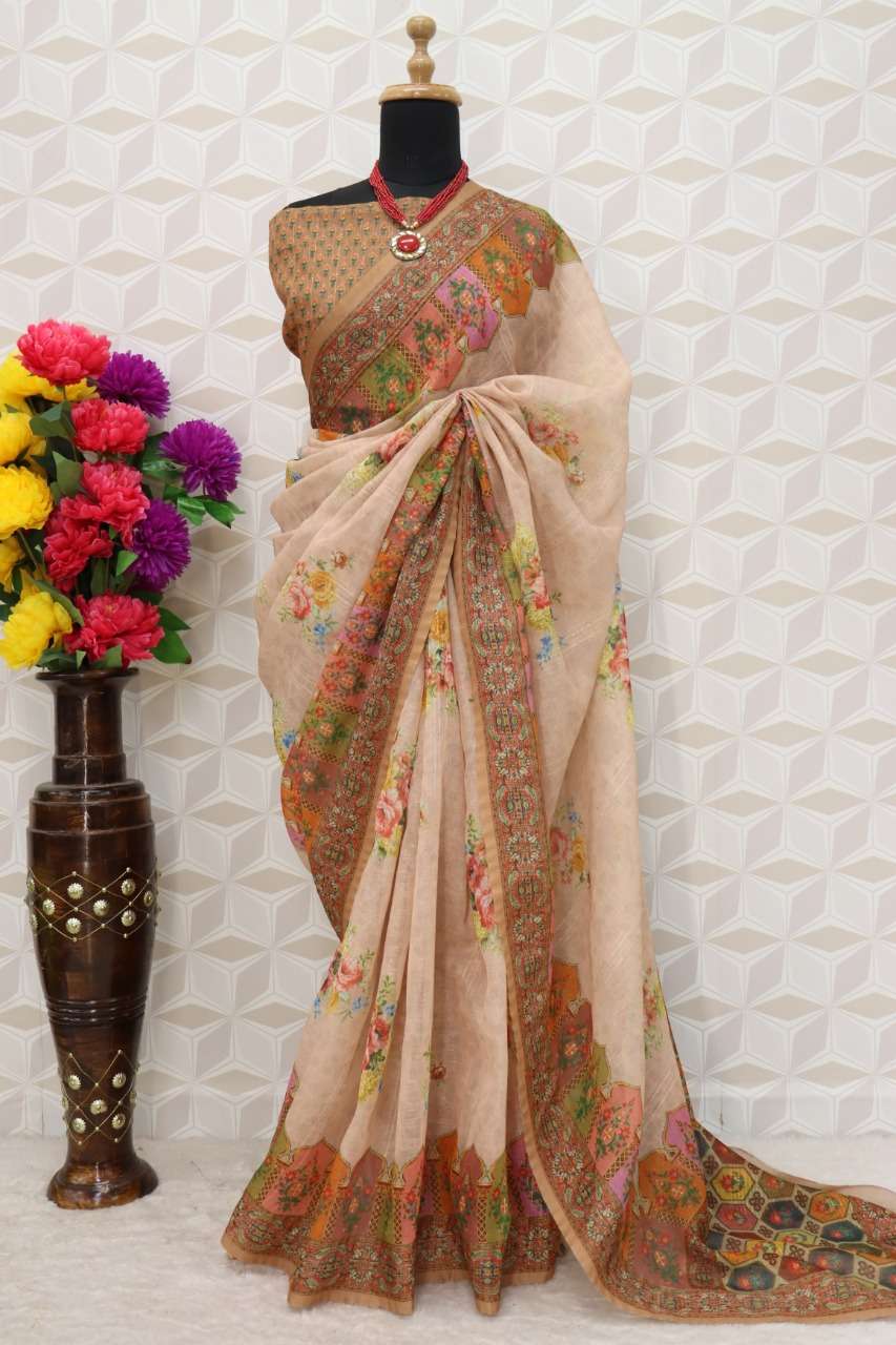 Cotton Linen With Digital Print with Fancy Work Saree Collec...