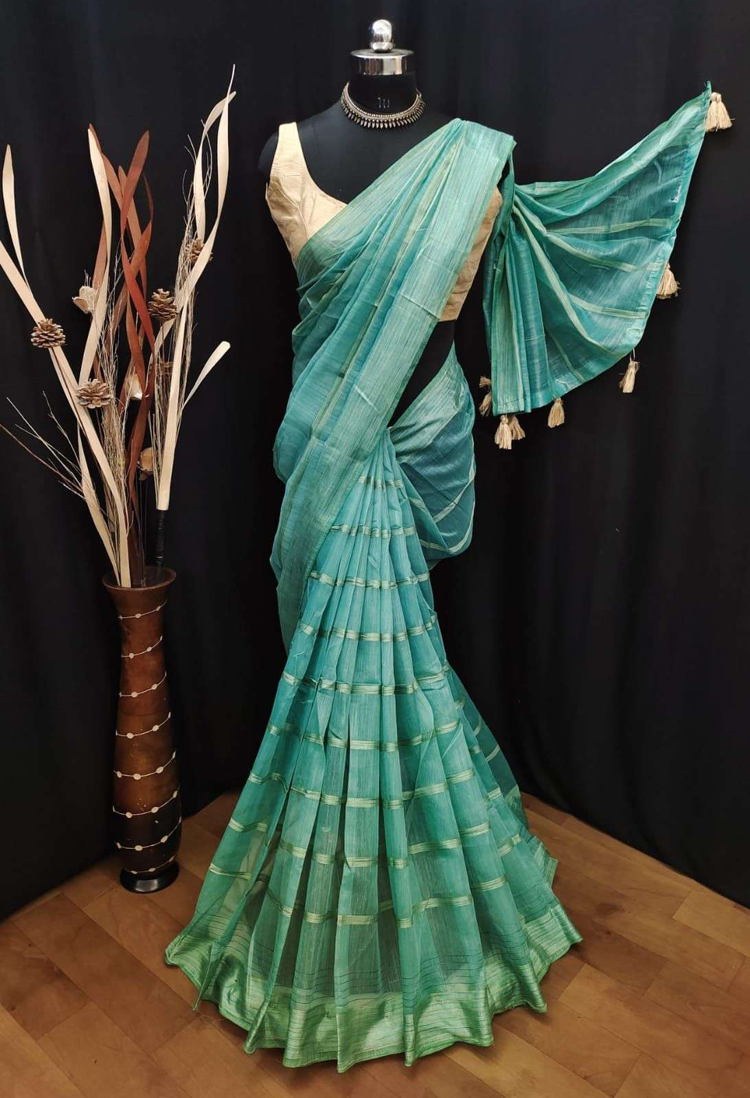 Cotton With Weaving Zari Lines Fancy Party Wear Saree & Full...