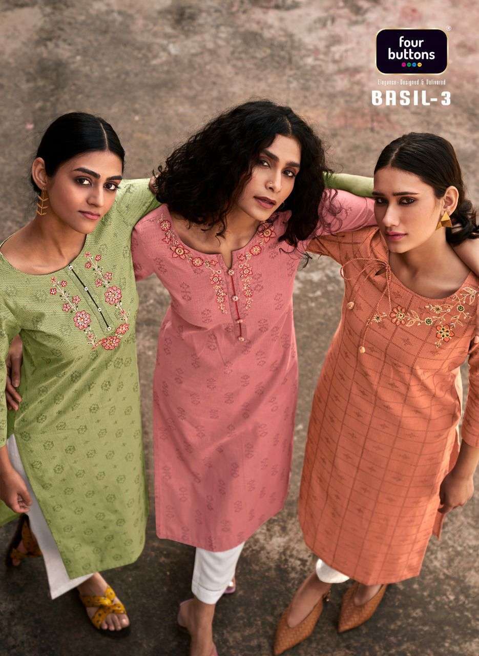 FOUR BUTTONS BASIL 3 Cotton With Fancy Work Kurti collection