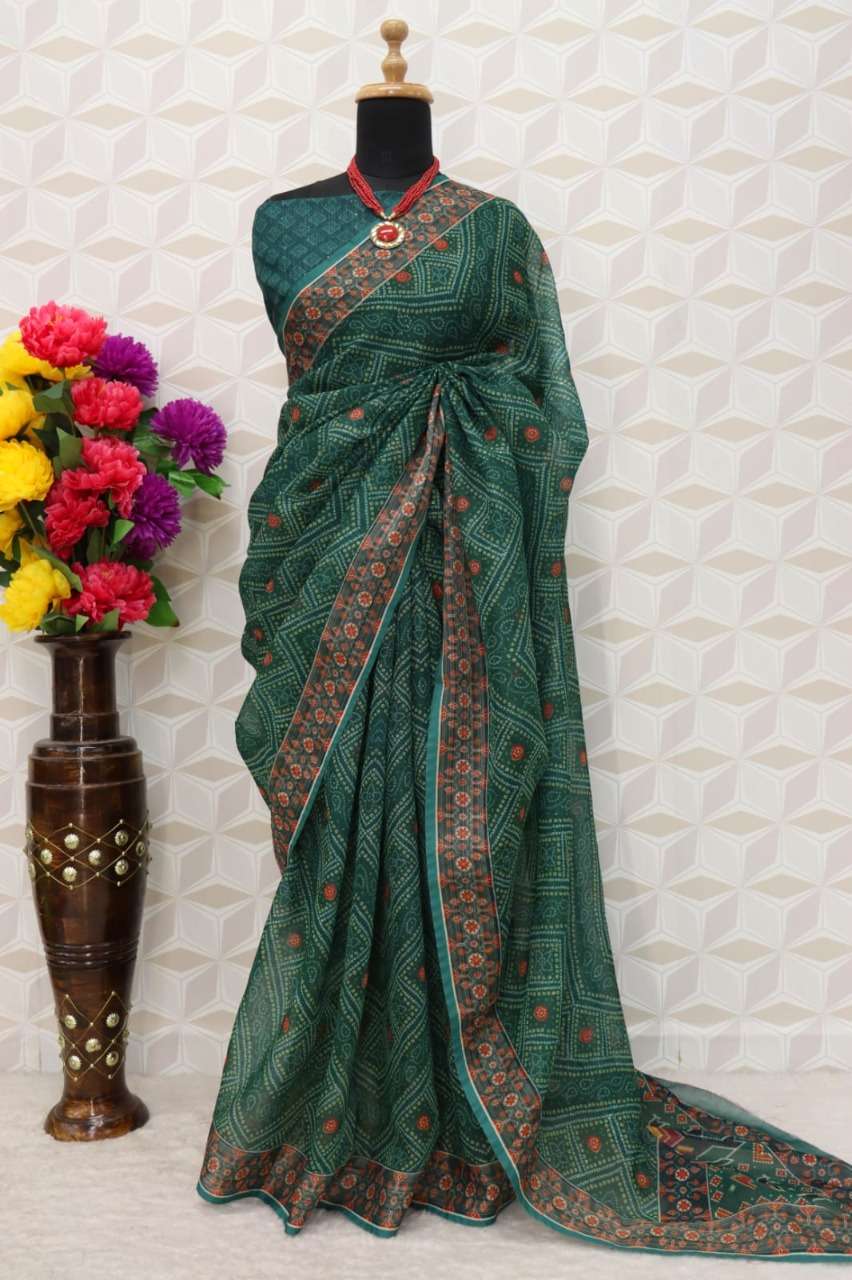 Green Colour Cotton Linen Bandhani Print Saree collection