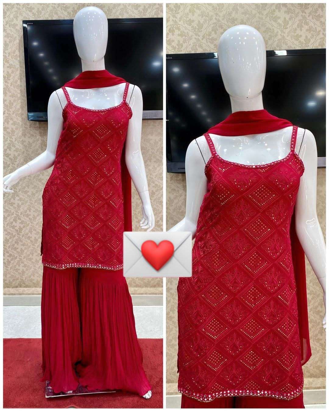 Red Colour Georgette With Embroidery Work Kurti With Sharar ...