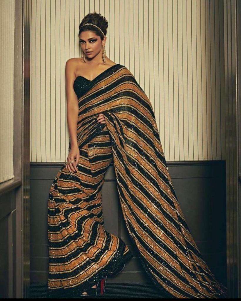 Deepika Padukone Mustard or Black Colour Slub Silk With Fanc...