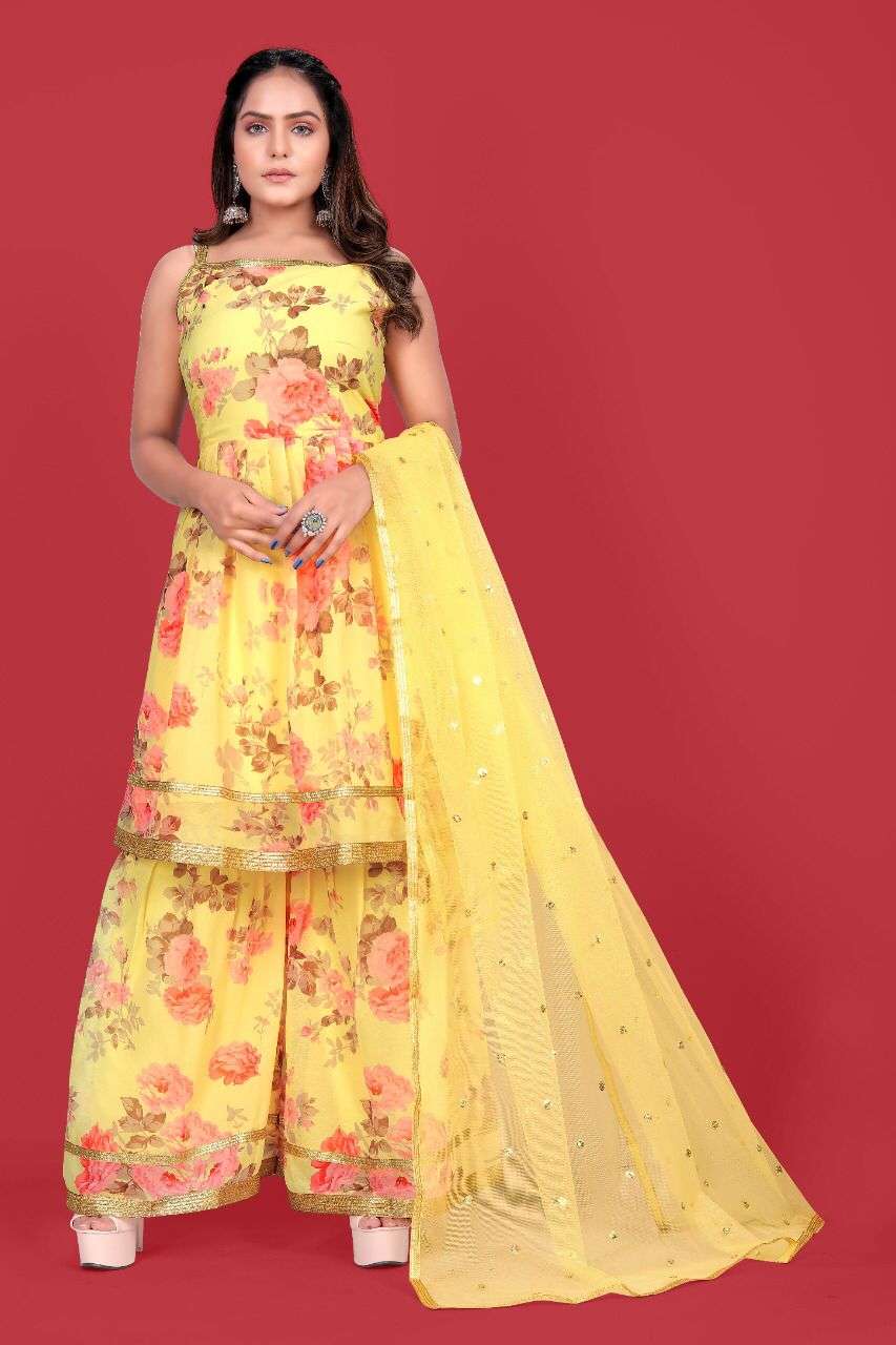 Faux Georgette with flower print yellow colour ready made ku...