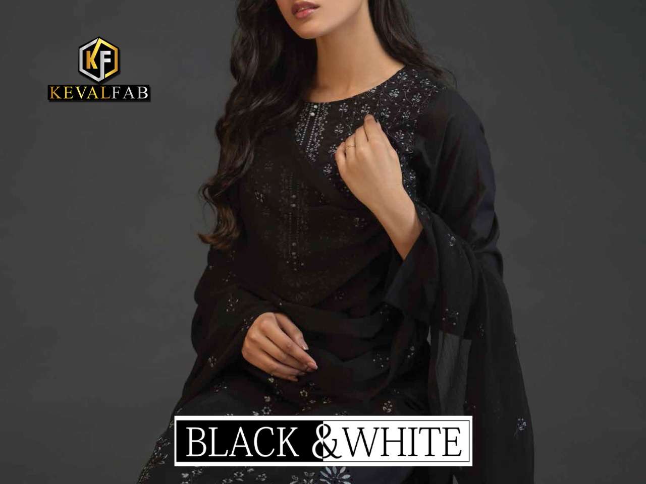 Keval Fab Black And White Cotton &fancy Embroidery work Dres...