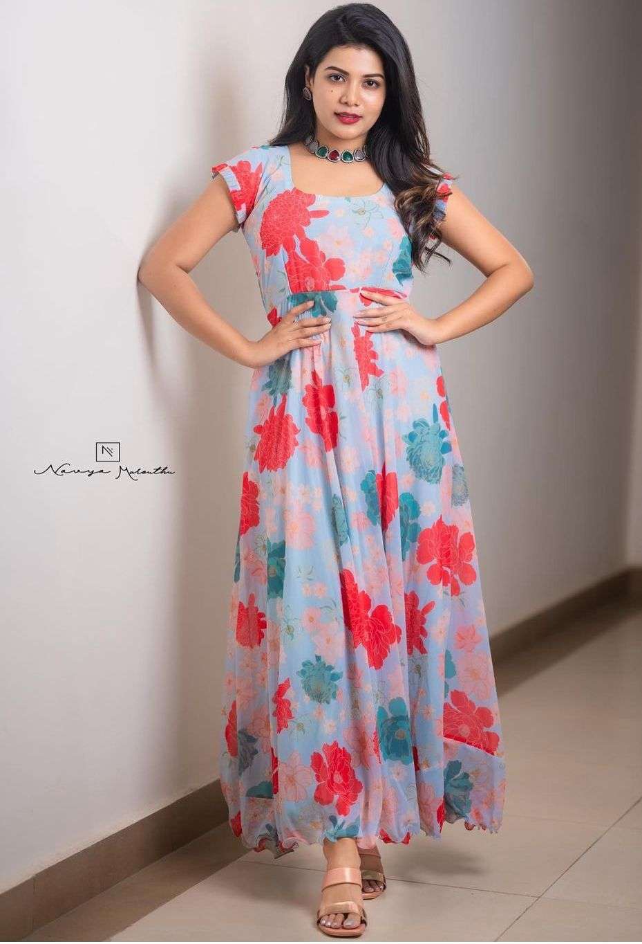 Blue Colour Georgette With Flower Print Fancy Gown Kurti  co...