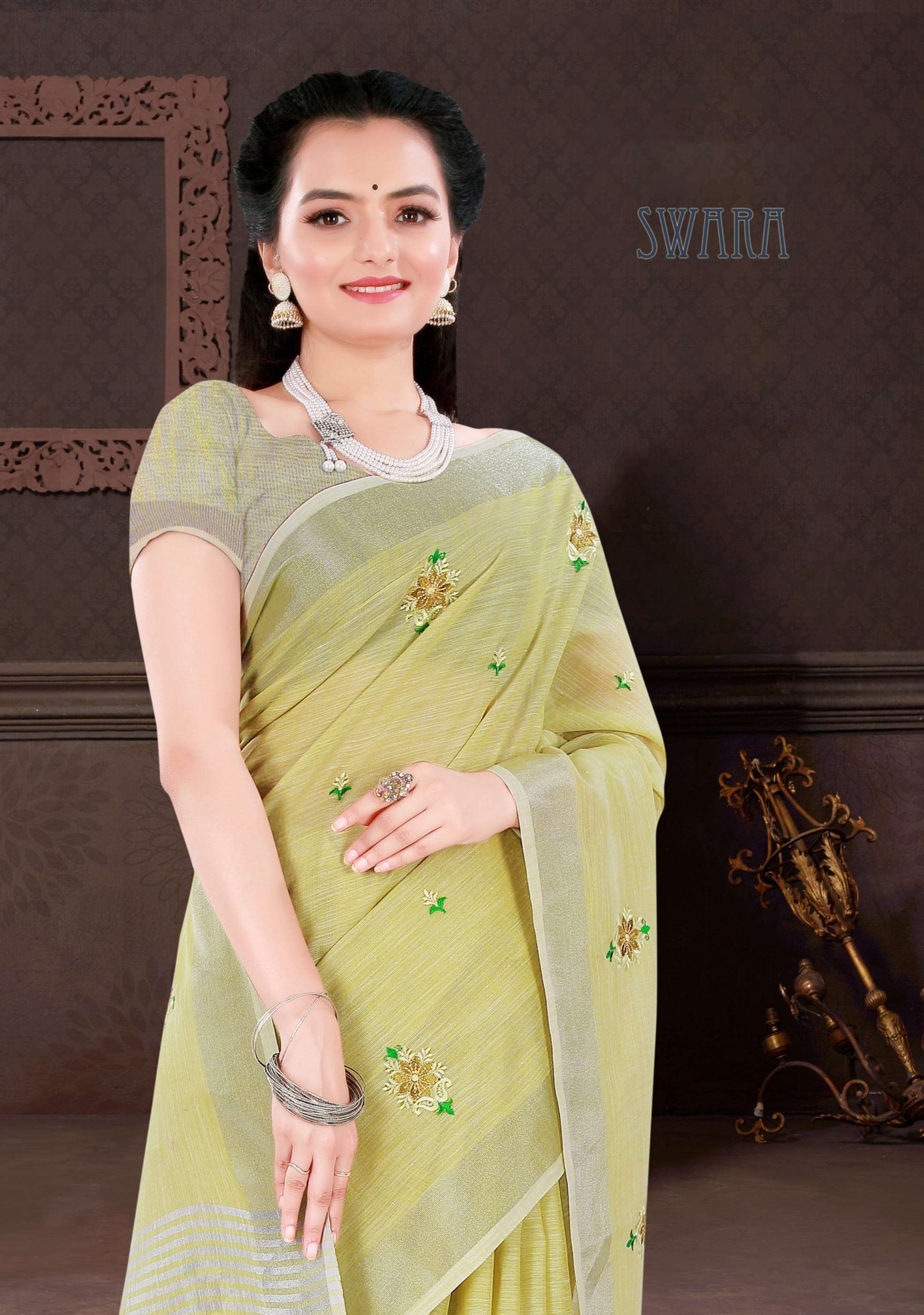Sangam Print Swara Linen With Embroidery Work Saree collecti...