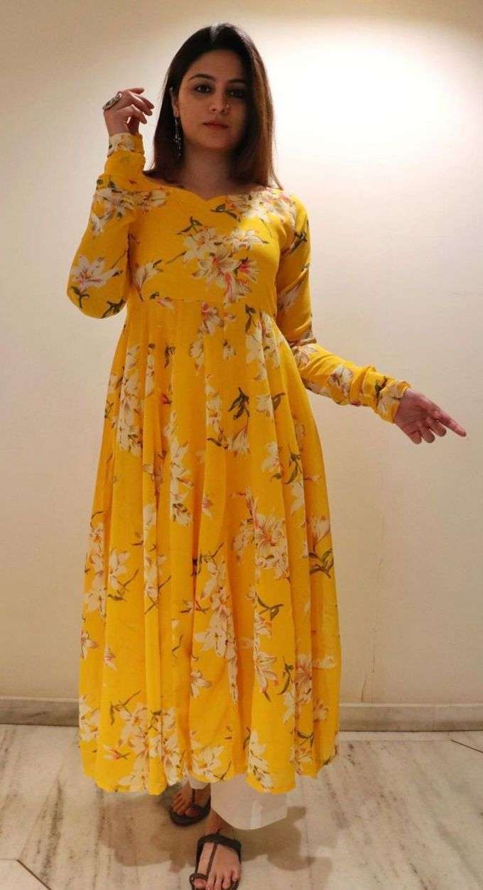 Yellow Colour Georgette With Flower Print Gown Style kurti c...