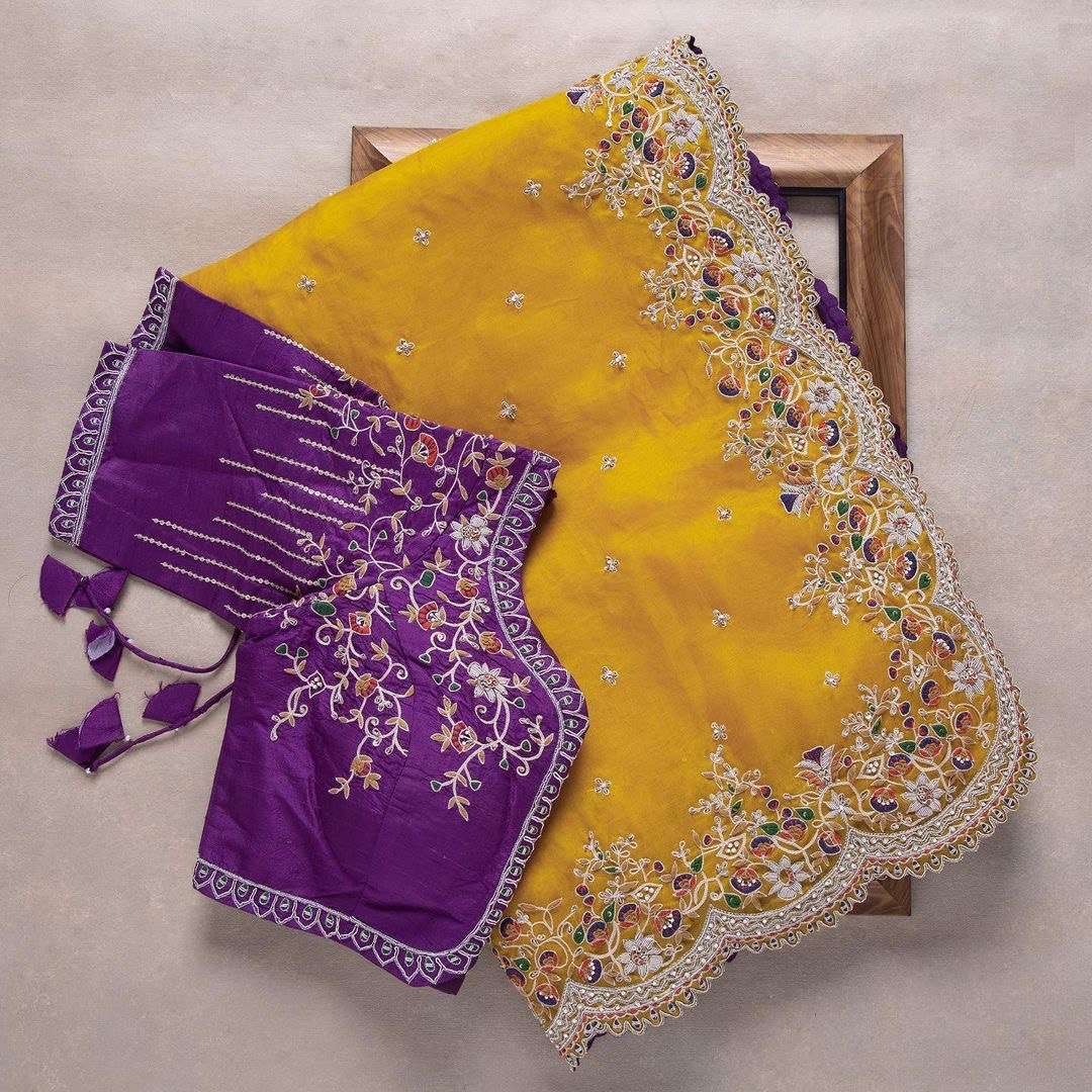 Yellow Colour Organza Silk With Fancy Embroidery thread work...