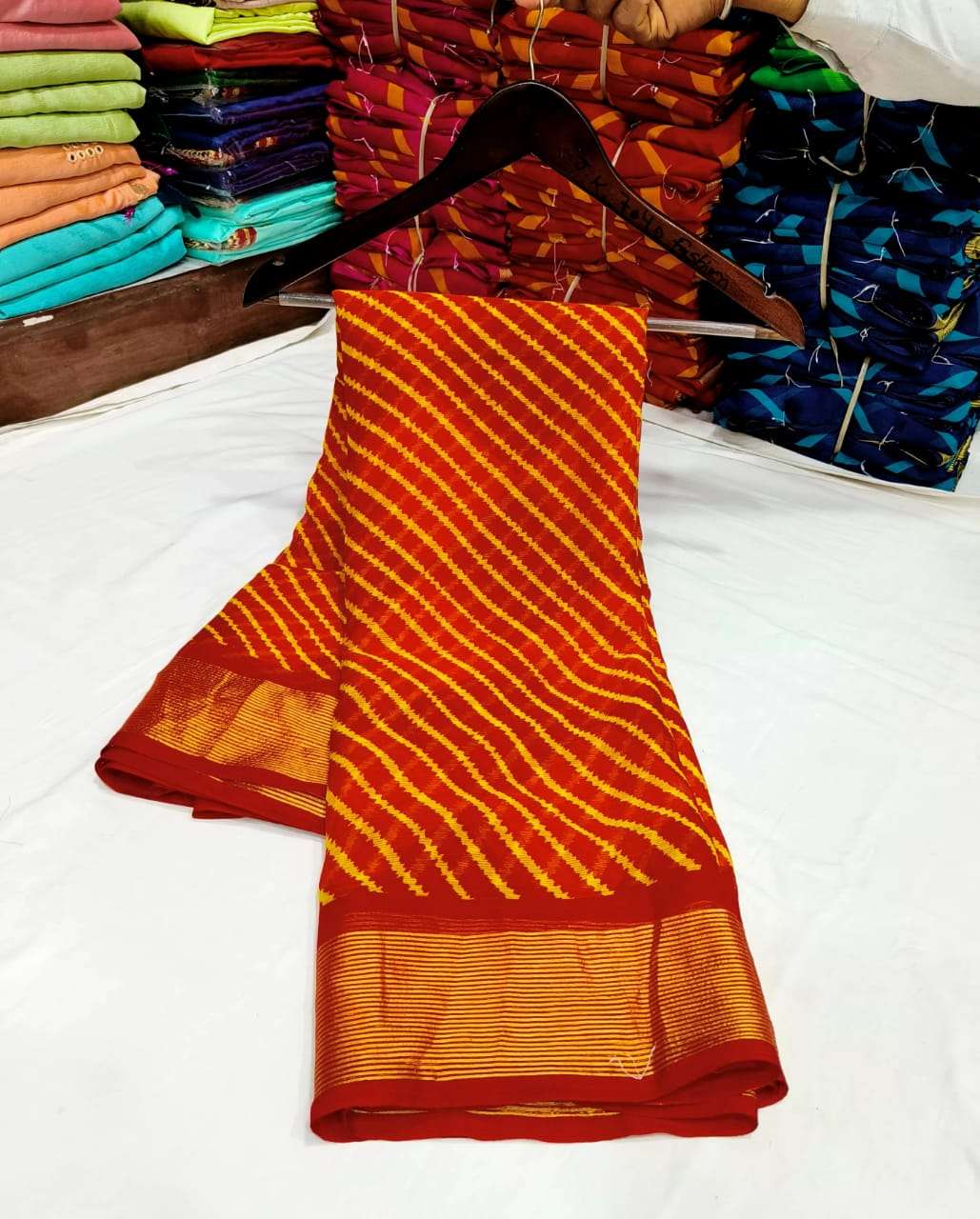 Chiffon with laheriya & shibori print regular wear saree col...