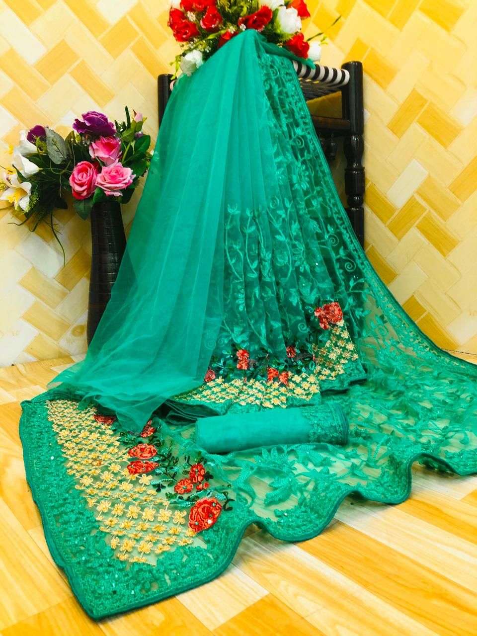 Net With Embroidery Work With Colourful Stone Work Saree col...