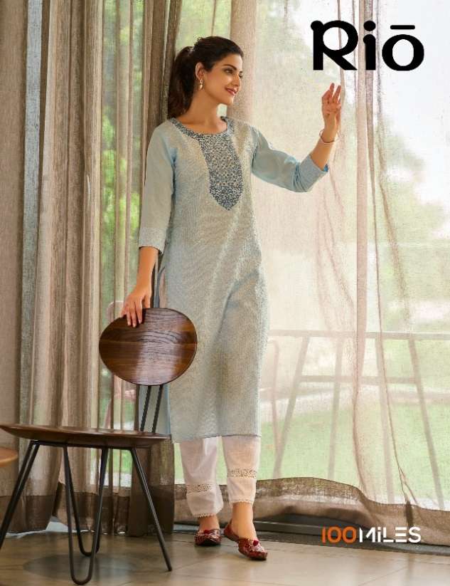 100 Miles Rio Cotton with Embroidery Work Fancy Kurti collec...