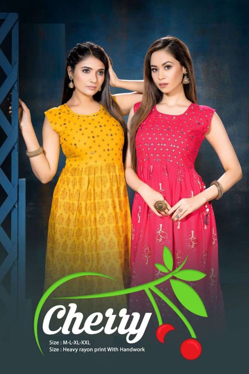 Beauty Queen Cherry Rayon With Printed hand Work Kurti colle...