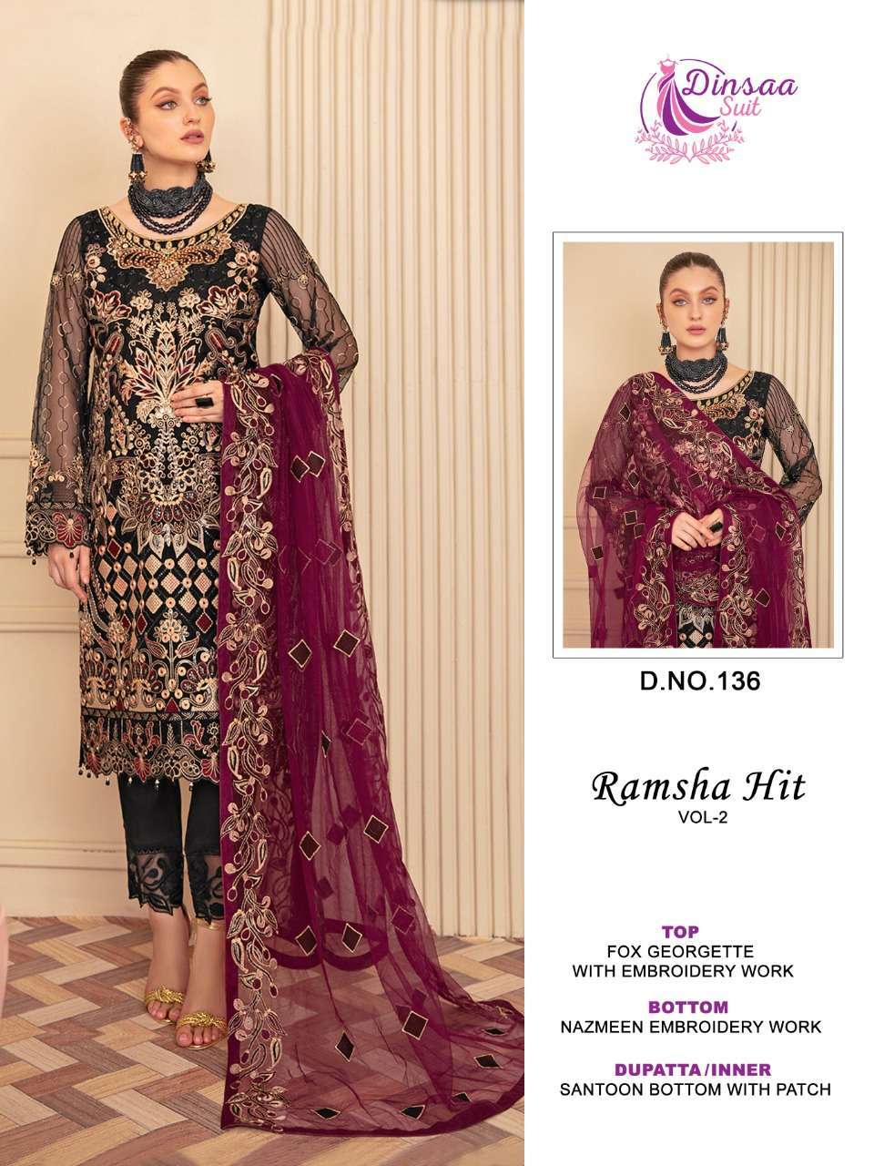 Dinsaa Suits Ramsha Hit vol 2, Georgette, with Embroidery wo...