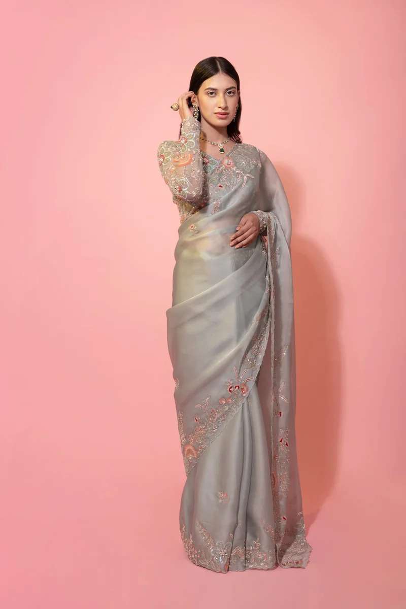 Grey Colour Organza With fancy Embroidery work saree collect...
