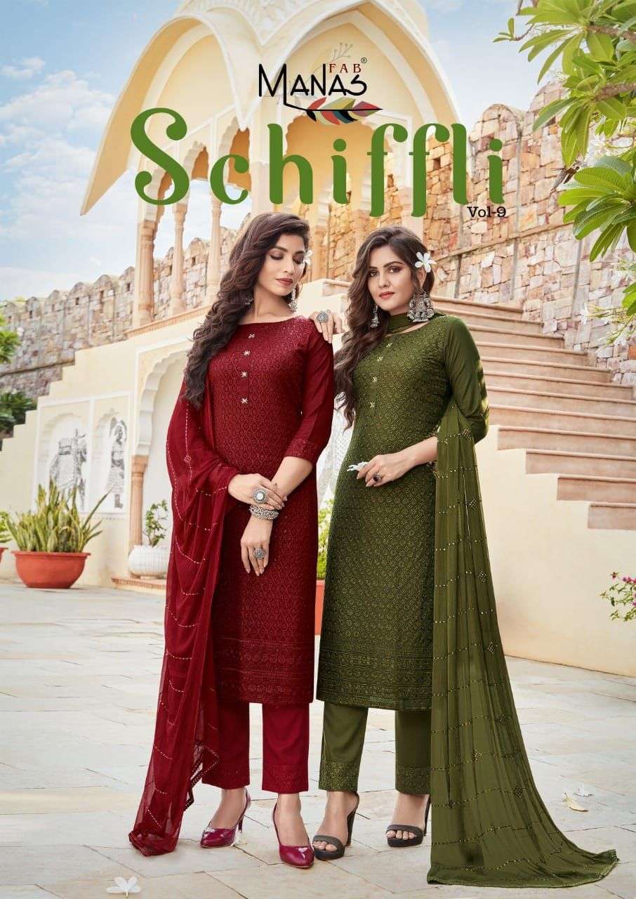 Manas Fabs Schiffli vol 9 Rayon with Handwork Readymade suit...