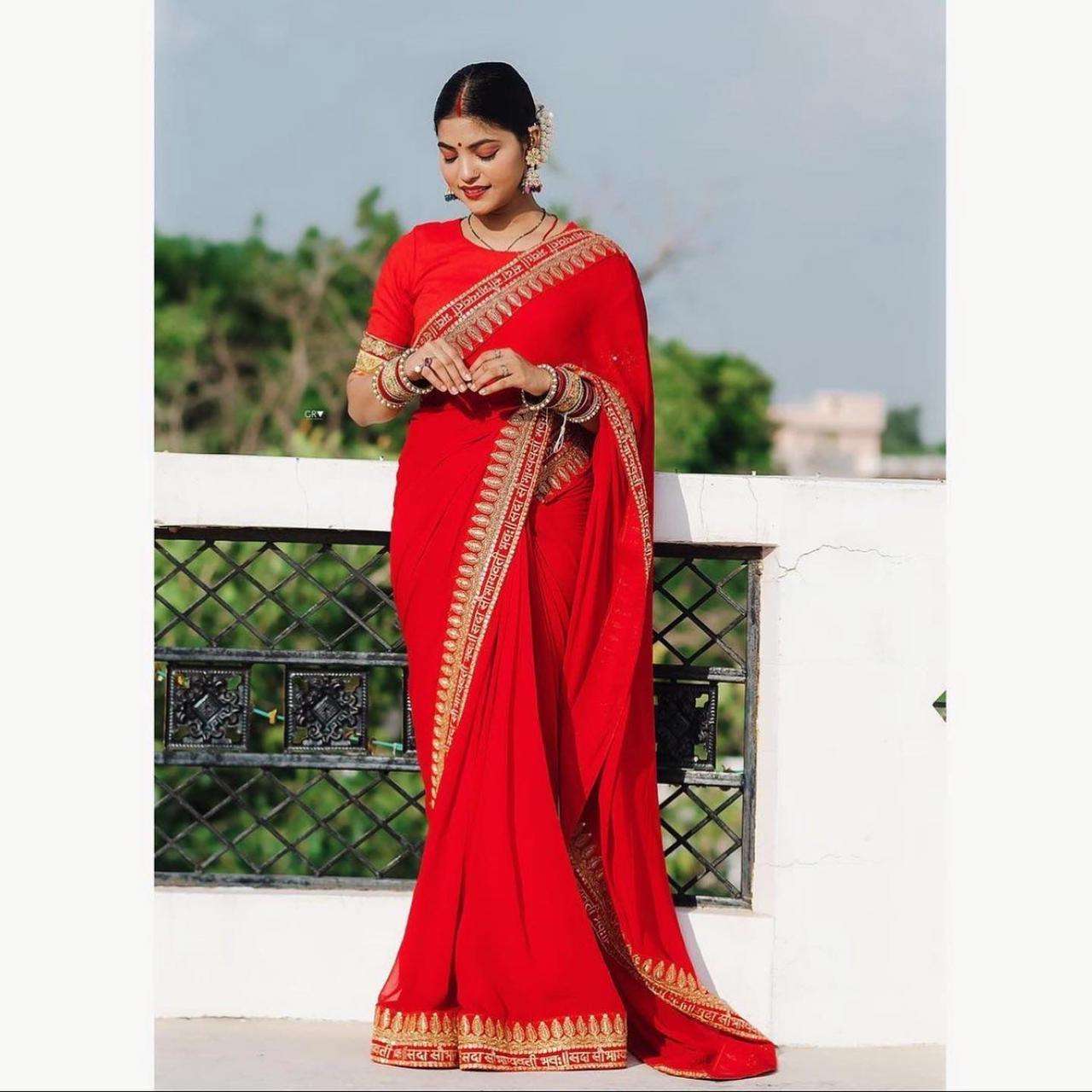 Rangoli silk Red Colour With Embroidey  Thread work with seq...