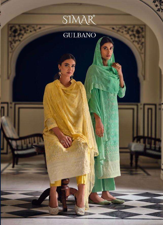 Simar Glossy Gulbano Muslin silk with fancy Handwork DressMa...