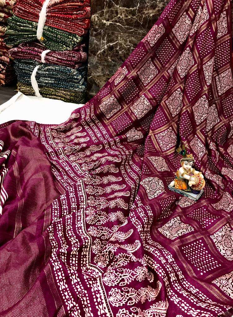 Pashmina Silk with Ajrakh Foil Print Saree collection at who...