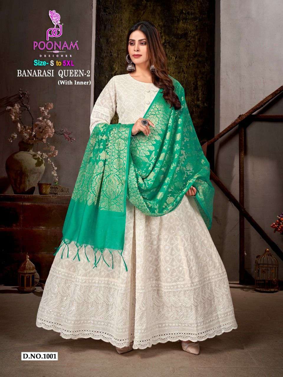 Poonam Designer Banarasi queen vol 2 Chikan Work White Gown ...