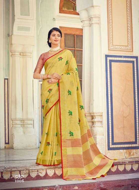 Sangam Print Sushmita Linen With fancy Work Saree collection...