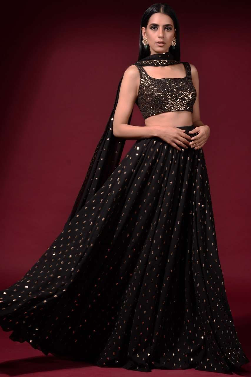 Black Colour Georgette with fancy Thread Sequence work Lehen...