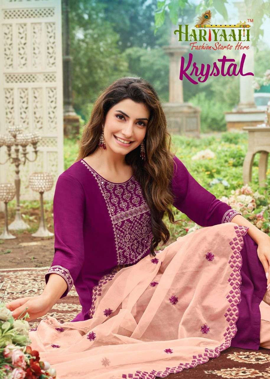 Hariyaali Krystal Silk with fancy Work Readymade suits colle...