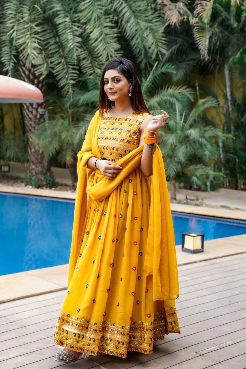 LATEST GEORGETTE YELLOW GOWN FOR PARTIES AND WEDDINGS IN IND...