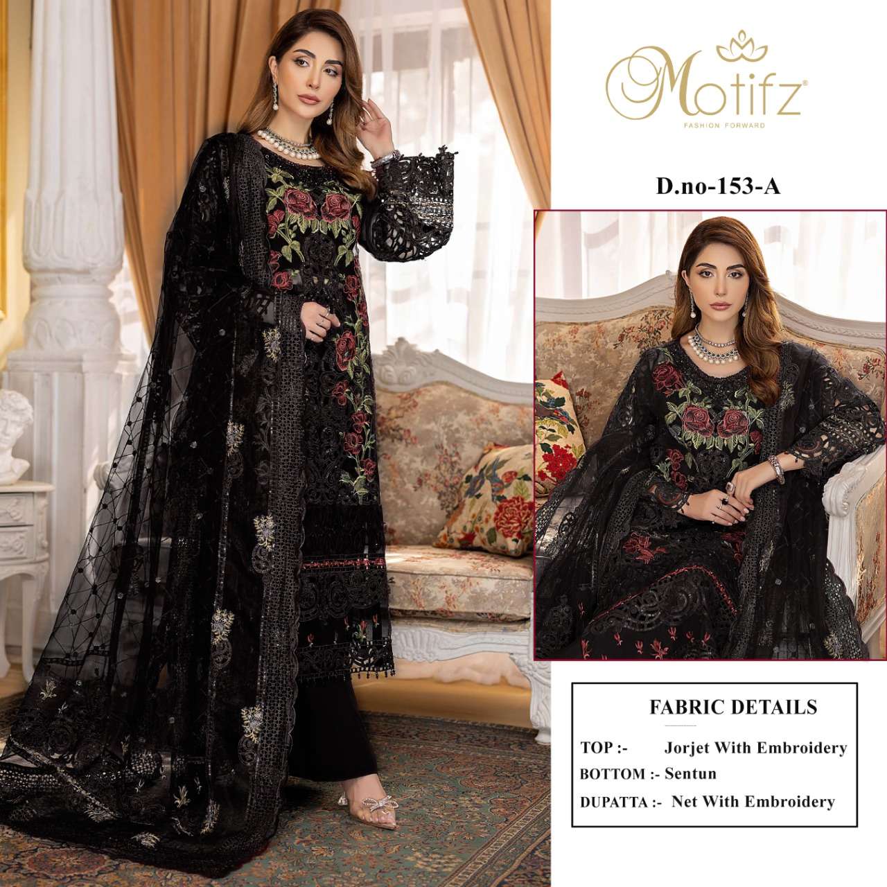 Motifz D no 153 georgette with embroidery work pakistani sui...