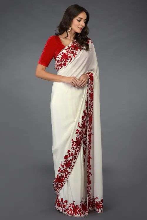 Red & White Georgette with fancy Flower Print Saree collecti...